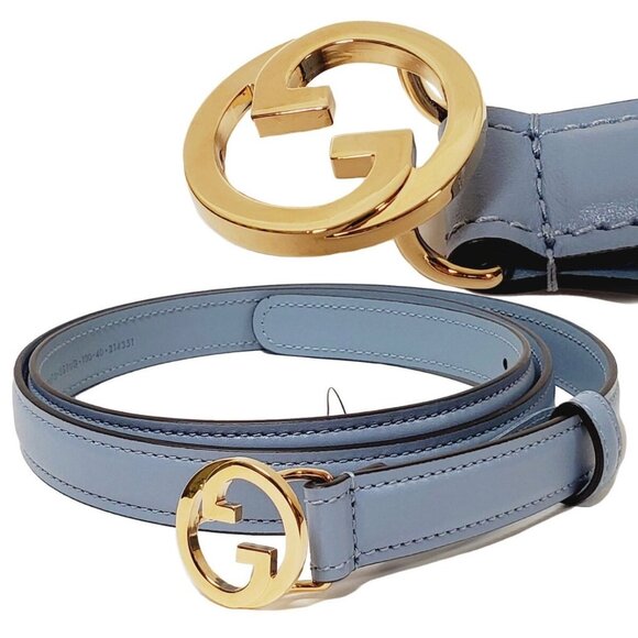 Gucci Women’s Blondie Ciny Interlocking Buckle Leather Belt Cloudy Blue 95cm 723 - Picture 1 of 7